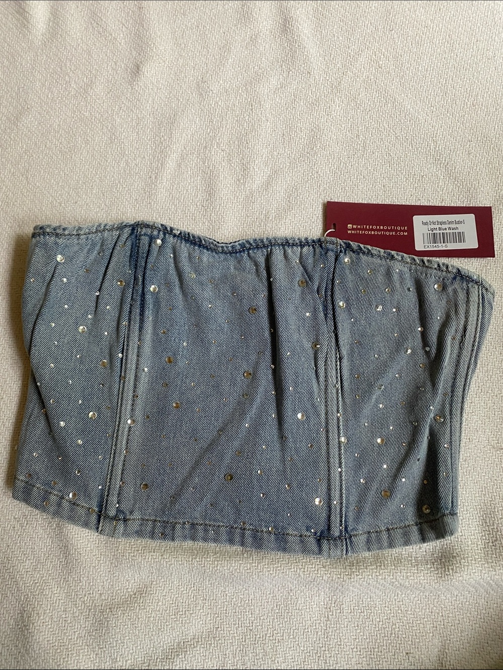 White Fox Boutique Light Blue Denim Strapless Sequin Bustier